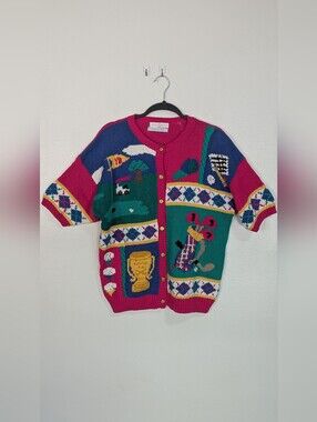 Vintage Cape Isle Knitters Hand‎ Knitted Golf Motif Short Sleeve Cardigan Large